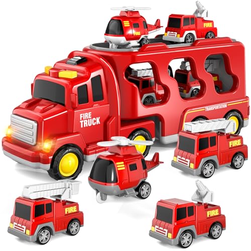 5-in-1 Feuerwehr LKW Spielzeug für Kinder, Reibungsbetriebene Transporter mit 4 Feuerwehrfahrzeugen, Spielzeug ab 1 2 3 Jahren für Jungen und Mädchen mit Lichtern und Geräuschen für Kleinkind 4 5 6