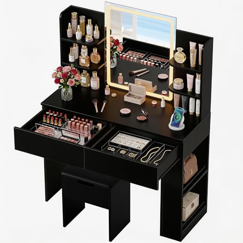 Furmax Escritorio de tocador con espejo y luces LED, mesa de tocador de maquillaje con 3 colores de iluminación, brillo ajustable, mesa de tocador con 2 cajones, almacenamiento lateral, para