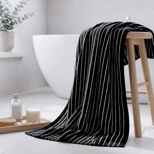 Image of Black Bath Towels Set of 2, Striped Towels for Bathroom, Beach & Shower
