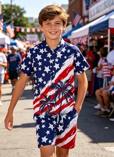 Image of UNICOMIDEA Boys 4th of July Outfits Kids Patriotic Independence Day Tropical Short Sets for 5-12 Years