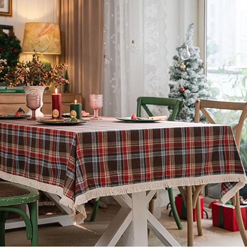 Mantel rectangular a cuadros, mantel escocés a cuadros con borlas, mantel de mezcla de algodón con borlas para mesa de comedor de Navidad (rojo/café, 140 x 180 cm)