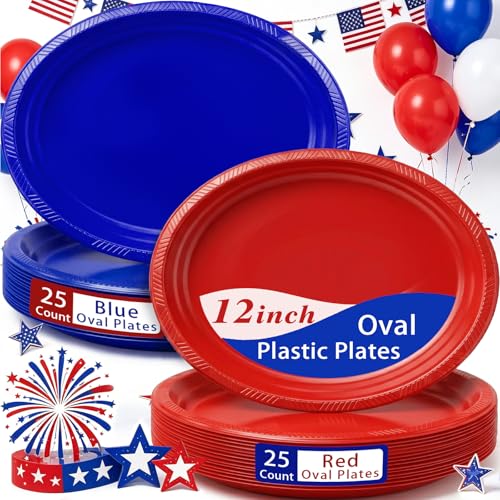 BONSINY 50 Count Red and Blue Disposable Plastic Plates 10x12 Inch – Oval Patriotic Plates for 4th of July, World Cup, BBQs & Picnics
