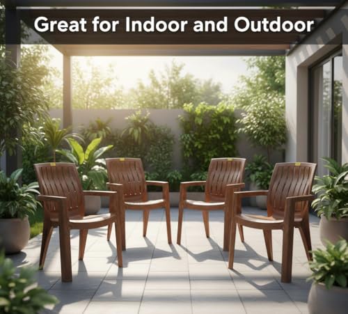 Image of Patiofy Plastic Chair Set of 4 for Home & Outdoor Use | Heavy Duty Comfortable Chair with Strong Legs | Stackable, Easy to Clean | Suitable for Living Room, Balcony (Pack of 4-Spino | Sandalwood)