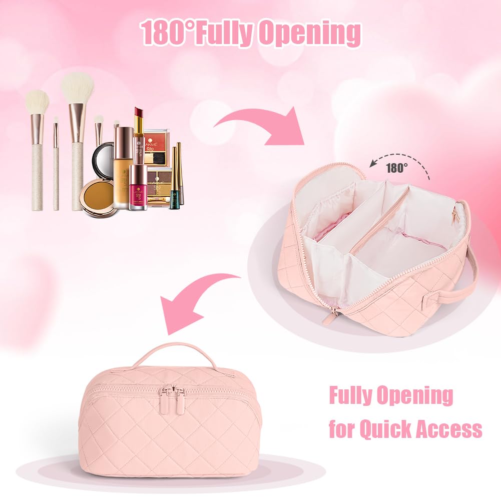 URAQT Trousse de Maquillage Femme Rose, Trousse de Toilette Grande Capacité, Sac Cosmétique de Voyage Léger Lavable en Machine avec Compartiments & Ouverture à Plat, pour Voyage Bureau Quotidien - 5