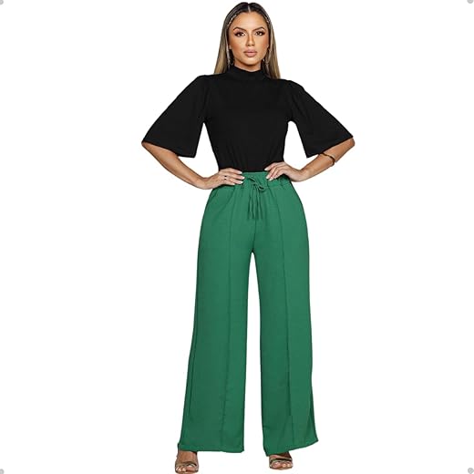 Calça Feminina Pantalona Cintura Alta Cós Largo Duna