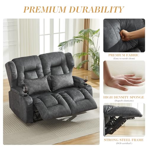 Image of Loveseat Recliner Sofa,RV Wall Hugger Recliners for Small Spaces,Reclining Loveseat Sofa Recliner with Cup Holders /Lumbar Pillows,RV Furniture (Velvet Gray, 56 inch 2-Seater)