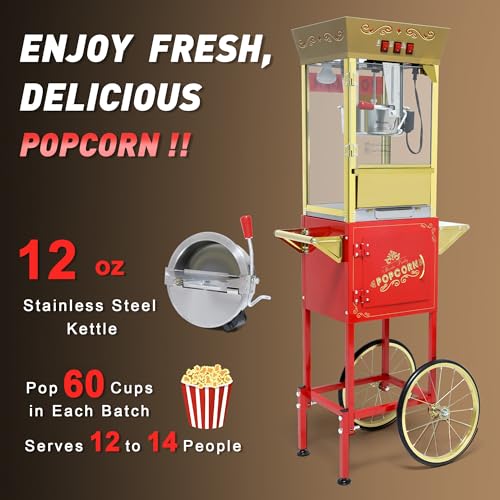 Image of Popcorn Machine with Cart & Wheels - Popcorn Maker with 12OZ Stainless Steel Kettle, Pop corn Machine Maker for Home, Parties, Movie Theater, Red