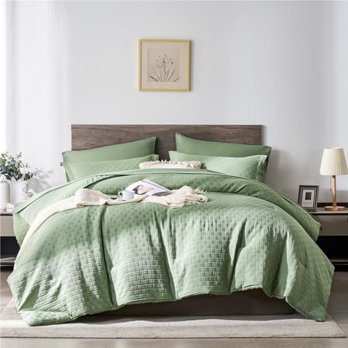 KAKIJUMN Sage Green Comforter Set Queen Size, 7 Piece Bed in a Bag Waffle Weave Textured Comforter, All Season Soft Microfiber Complete Bedding Set(Green,Queen)