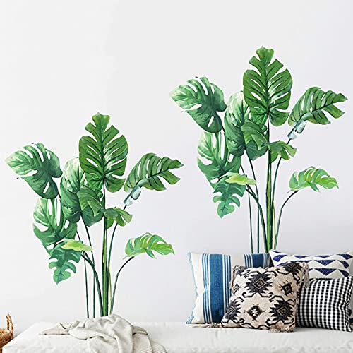 Monstera Leaf Wall Decals 2 Pcs Palm Leaves Wall Stickers For Living Room, Green Tropical Plants Wall Decor Posters Vibrant Jungle Leaves Wallpaper For Bedroom Nursery #TOP2