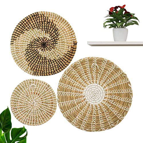 Povanjer Decoración de pared para cestas bohemias, 3 cestas redondas de mimbre, hechas a mano, cestas llanas de mimbre natural, cesta de pared bohemia, decoración para salón o