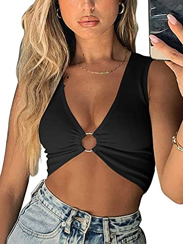 Sexy Crop Tops for Women Sleeveless Deep V Neck Workout Tops Plunge Ring Cleavage Cropped Tank Top3