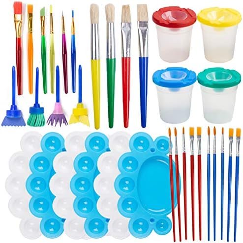 BigOtters Painting Tool Kit, 34Pcs Paint Supplies Include Paint Cups with Lids Palette Tray Multi Sizes Paint Pen Brushes Set for Kids Gifts School Prizes Art Party