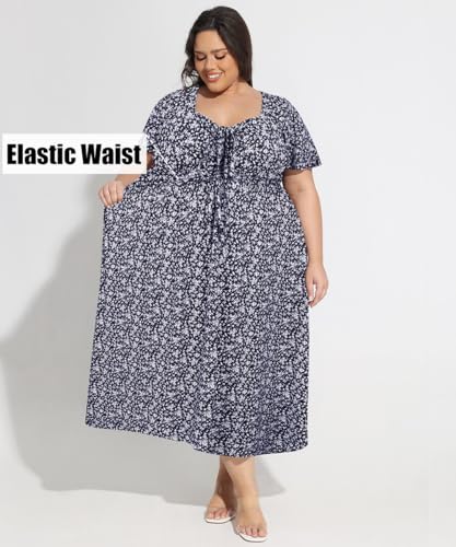 Image of CARCOS Plus Size Dresses for Curvy Women Tie Sweetheart Neck Summer Maxi Dress Short Sleeve Empire Waist Floral Boho Dress
