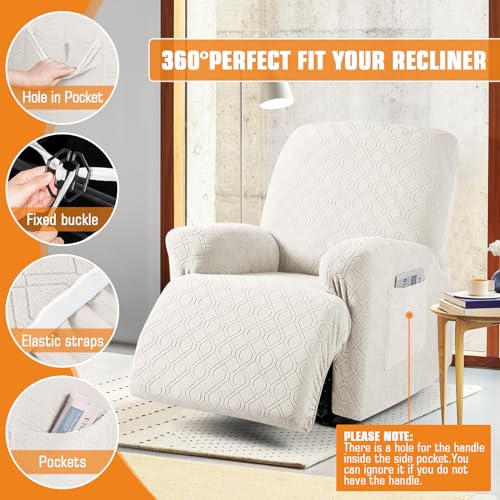 Image of VANSOFY Oversized Recliner Chair Cover, 4-Pieces Stretch Recliner Covers for Recliner Chair Soft Reclining Chair Slipcover Jacquard Pattern Furniture Protector for Dogs Cats(Off White)