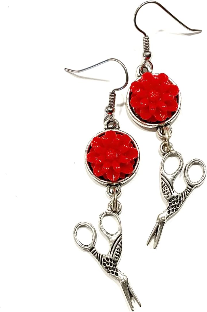 Scissor Earrings, Hairdresser Earrings, Scissors Earrings, Surgical Steel Earrings, Red Flower Earrings, Handmade jewelry by AnnaArt72