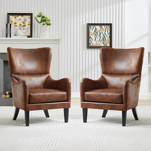 Sirearx Mid-Century Modern Wingback Chairs Set of 2, Accent Club Chair with Nailhead Trim, 2 Piece Faux Leather Armchair Sofa for Living Room Single Sofa Armchair Office