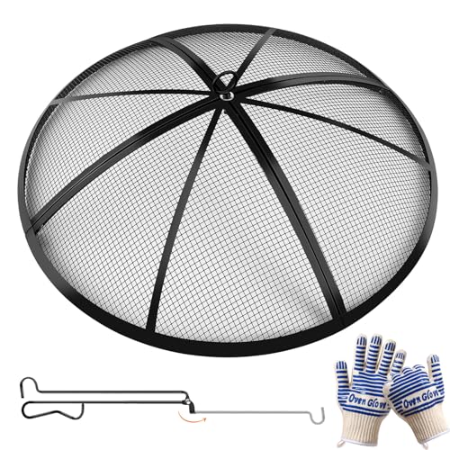 Baitedelai Fire Pit Spark Screen, Outdoor 30 Inch Round Fire Pit Screen with Foldable Hook and Fire Safety Gloves, Heavy Duty Steel Mesh Fire Pit Cover, Fire Pit Lid for Backyard, Beach, RV Camping