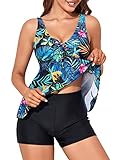 MiYang Tankini Bathing Suits for Women Two Piece Flowy Swimsuits with Shorts V Neck Tummy Control Swimwear Black Papillon Tulip Large