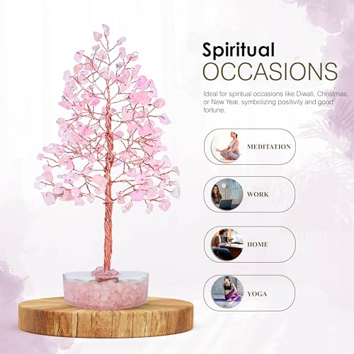 Image of Crocon Rose Quartz Heart Shape Base Crystal Tree, Birthday Gifts for Women | Healing Crystals Tree of Life, Positive Energy, Good Luck, Home Office Decor Gifts, Gift for Women - Sister Mom & Grandma