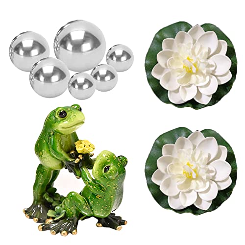 PLATEYTR Mini Bassin décoratif Grenouille Flottante avec 6 Boules argentées et 2 Fleurs de Lotus pour Mini étang de terrasse Fontaine Solaire pour Jardin(A03)