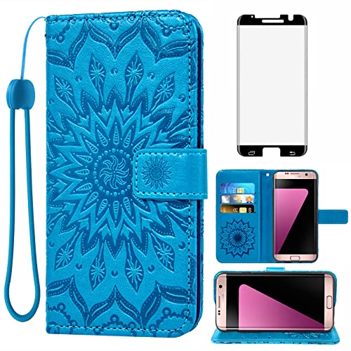 Phone Case for Samsung Galaxy S7 Edge Wallet Cases with Tempered Glass Screen Protector Leather Flip Cover Card Holder Stand Cell Glaxay S7edge Gaxaly S 7 Plus Galaxies GS7 7s 7edge Women Men Blue