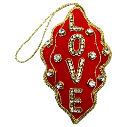 Zari - Adorno de Navidad con texto en inglés 'Love', bordado Zardozi, bolsa de regalo, fabricado en la India