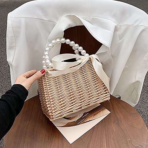 Pearl Handle Rattan Handbag, Straw Shoulder Bag Tote Bags, Mini Basket Handbag #TOP2