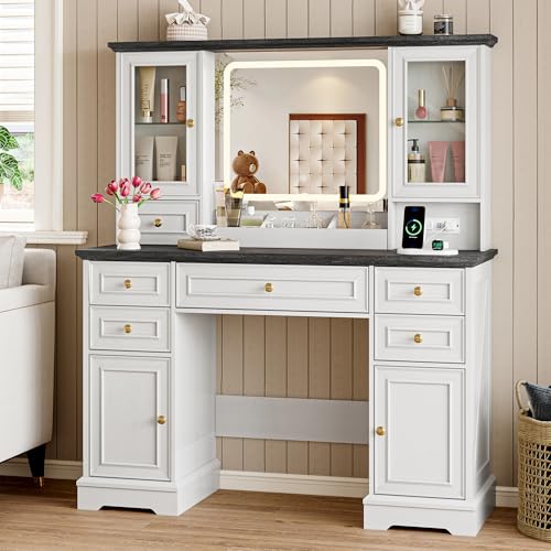 BORNOON Vanity Desk with Lights, Large LED Mirror with 3 Color Modes, Makeup Vanity with Power Outlet & USB Ports, 6 Drawers & 2 RGB Glass Cabinets, Farmhouse Dressing Table for Women & Girls (White)