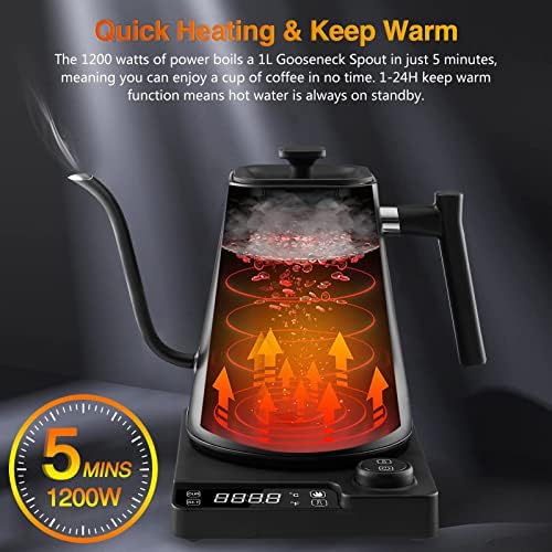 Fityou Gooseneck kettle electric, temperature control kettle, Fast Boil, Digital Display Screen, 1200W, 1L High capacity, Celsius/Fahrenheit Conversion, for Specialty Coffee and Tea, Matte Black