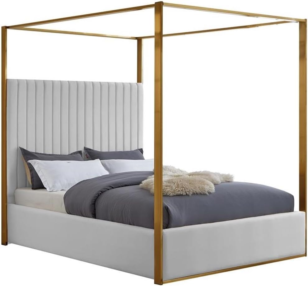 Meridian Furniture JonesGrey-Q Jones Collection Modern | Contemporary Upholstered Queen Bed, Grey Velvet, Channel Tufting, Brushed Brass Frame, 66.5" W x 86.5" D x 79" H, Grey, Queen