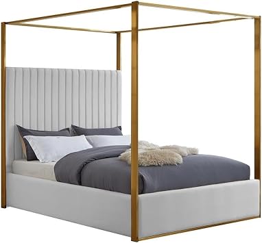 Meridian Furniture JonesWhite-K Jones Collection Modern | Contemporary Upholstered King Bed, White Vegan Leather, Tufting, Brushed Brass Frame, 82.5" W x 86.5" D x 79" H, White, King