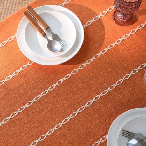 Nappe rectangulaire orange citrouille en lin de coton évidé pour décoration de table rose