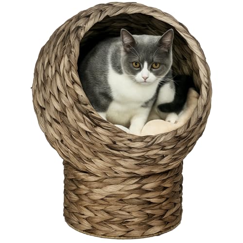 Pawhut Cuccia per Gatti Rialzata con Cuscino, Casetta Naturale con Foglie di Banana, Beige e Marrone, 40x37x51cm