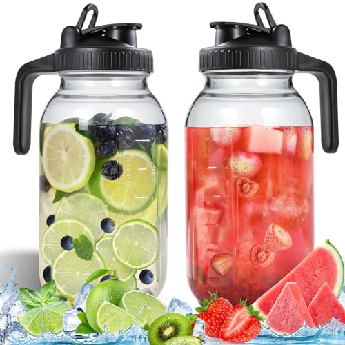 SCIDEA Glass Pitchers with Lid, Set of 2, Wide Mouth Water Jugs 64OZ Leak-Proof Airtight Mason Jars...