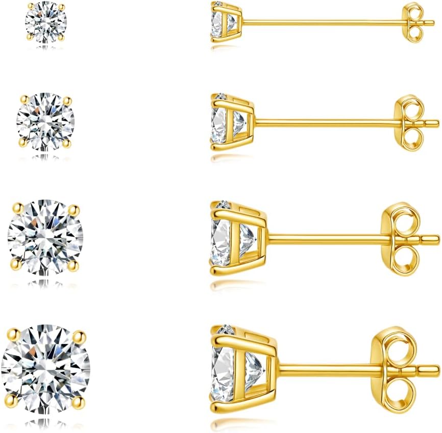 4 Pairs 14K Gold-Plated Round Cubic Zirconia Stud Earrings, 2mm /4mm / 5mm / 6mm Size, S925 Silver Ear Needle, Low Allergenic, Suitable for Both Men and Women