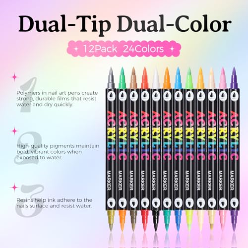 Image of 24 Colors Nail Art Pens Set for DIY Nail Art, 0.7mm MarkerPen | Dual-Tip, Quick Dry, Non-Toxic ＆ Odorless, Nail Polish Pens for Paint /Dotting /Liner, Beginner & Travel Friendly, Great Gift