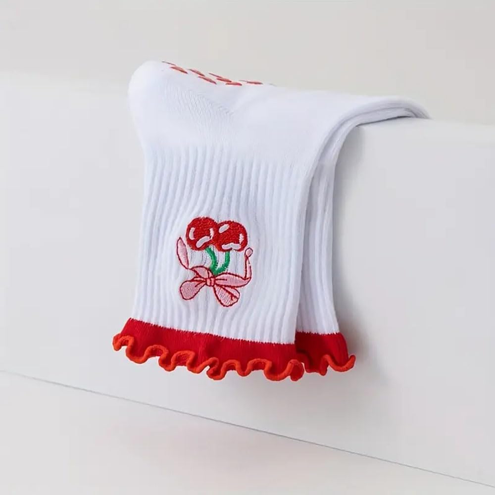 Women Cute Pilates Socks Grip Crew Yoga Socks Ruffle Cuff Embroidery Pattern Workout Ballet Socks - Image 3