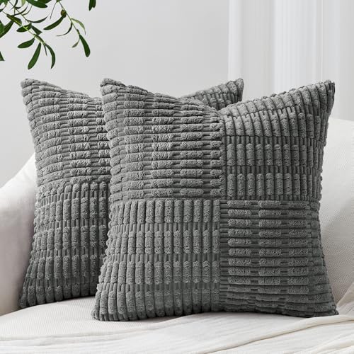 Topfinel Set of 2 Decorative Darkgrey Throw Pillow Covers 16x16 Inch Soft Corduroy Pillow Covers Boho Textured Striped Patchwork Cushion Cases for Couch Sofa Bed Cute Aesthetic Home Decor