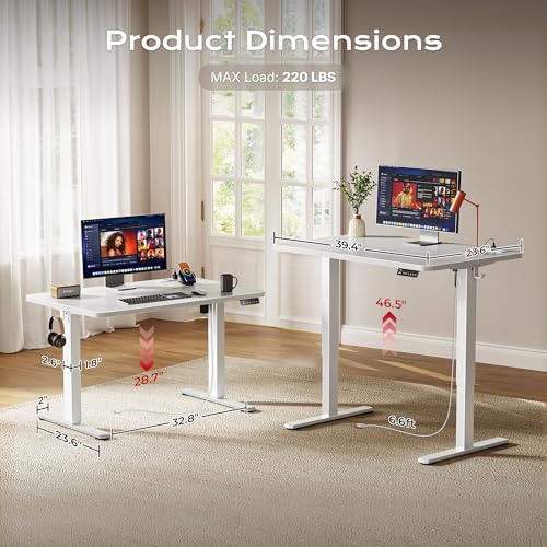 Image of Huuger Electric Standing Desk with Power Outlets and USB-C Port, 39 X 24 Inch Height Adjustable Desk, Sit Stand Desk for Home Office, Computer & Gaming Desk with 4 Presets, Stable Steel Frame, White