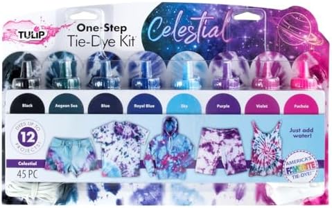Tulip One-Step Tie-Dye Kit Celestial, Large Party Activity, Permanent Fabric Dye, Vibrant Galaxy Color Palette: Purple, Pink, Blue, Black, Easy Clean-up, 8 Fun Techniques Included, 8 Full Size Bottles