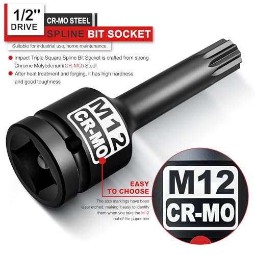 Miniatura 2 de Kirxst Juego De Vasos De Impacto Con Puntas Multidientes 1 2 , M12 Xzn Llaves De Vaso Con Triple Cuadrada, Para Bicicletas, Automóviles, Maquinaria