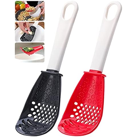 2PCS Multifunctional Kitchen Cooking Spoon, Skimmer Scoop Food Strainers for Cooking, Mashing, Draining, Grating, Non-stick Small Spatula Spoon Kitchen Tools (Black and Red) Cover