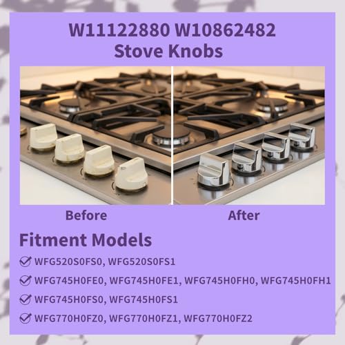 Image of W11122880 Stove Knobs Replacement Whirlpool WFG520S0FS0 WFG770H0FZ0 Knob | W10862482 Gas Range Knob WFG745H0FS1 WFG520S0FS1 WFG745H0FE1 Whirlpool Gas Stove Oven Parts Burner Control Knobs 5Pcs Silver