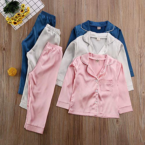 Toddler Baby Kids Satin Pajamas Set, Long Sleeve Button-Down Sleepwear PJs for Girls4