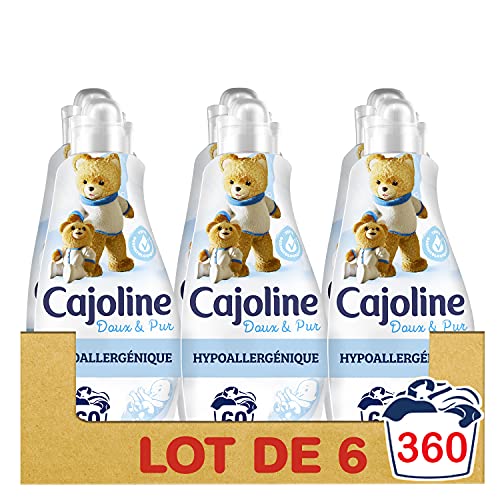 Cajoline Adoucissant Concentré Doux et Pur pour Peaux Sensibles, Formule Hypoallergénique Testée Dermatologiquement 360 Lavages (Lot de 6x60 Lavages)
