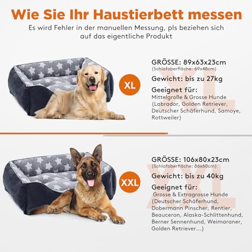 FURTIME Hundebett Grosse Hunde, Hundekorb Waschbar Hundekörbchen rutschfeste Hundebetten, Flauschig Hundematratze mit Erhöhte Ränder Weiches, Hundesofa für Hunde Katze, Schwarz/Sterne, 106x80x23cm