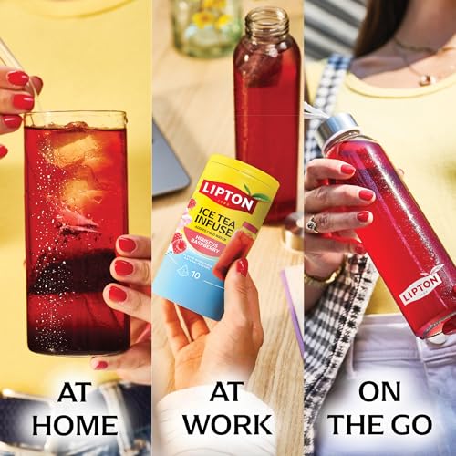 Image of Lipton Ice Tea Infuse Hibiscus Raspberry Cold Brew Tea Bags 10-Count - Brews in Cold Water in Just 5 Minutes for 16 oz Water Bottles - Real Fruit Pieces and Herbals with 5-10 Calories, (Pack of 9)