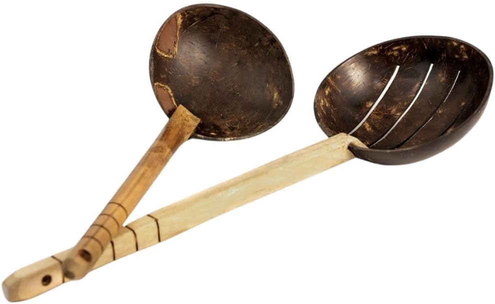 Thenga Coconut Shell Spoon Set & Wooden Cooking Utensils | 33 cm Frying Spoon & Non-Stick Wooden Ladle | Eco-Friendly Handmade Kitchen Tools for Non-Stick & Clay Pots – 2 Pieces from Kerala