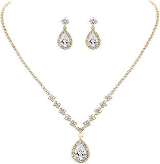 Bride Crystal Necklace Earrings Set Bridal Wedding Jewelry Sets Rhinestone Choker Necklace Prom Costume Jewelry Set for Women and Brides