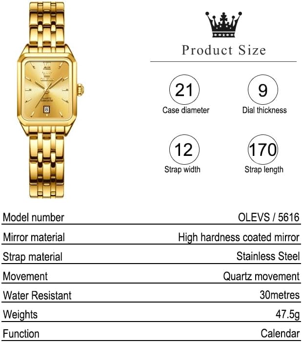 OLEVS Square Watches for Women, Gold Stainless Steel Bracelet Ladies Small Face Watches, Dainty Waterproof Women's Wrist Watches with Date, Gold/Black/White/Blue/Green Dial - Image 5
